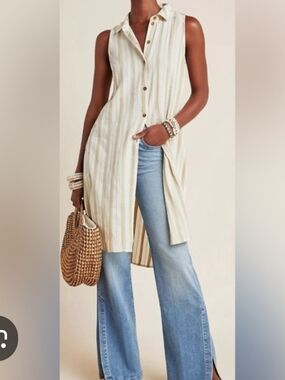 Anthropologie Sleeveless Striped Maxi Shirt Dress/Tunic in Cream and Beige